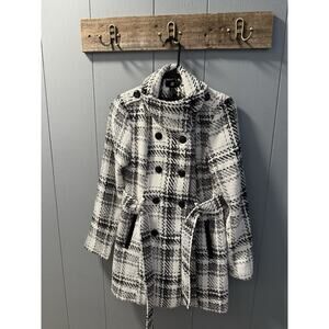 iZ Byer Women’s XS Plaid Bouclé Peacoat Jacket – Black & White – Belted